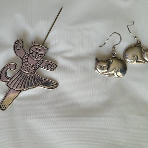 Vintage Jewelry - Sterling Cat Earring & Sterling Ballerina Cat Pin